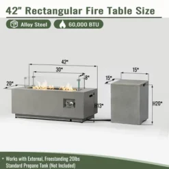 42" Propane Gas Fire Pit Table 2-Pieces, 50000 BTU Rectangular Steel Fire Pit With Glass Wind Guard For Outside Patio Deck Garden Courtyard -Gray -House Furnish World GUEST 00032bf1 3ba2 4a4c bc3b f43d698da4ec