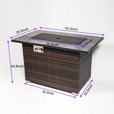 44" Propane Gas Fire Pit Table, 50000 BTU Rectangular Fire Pit, Tile Tabletop With Beautiful Wicker Base For Outside Patio Deck Garden Courtyard-Brown 5 44" Propane Gas Fire Pit Table, 50000 BTU Rectangular Fire Pit, Tile Tabletop With Beautiful Wicker Base For Outside Patio Deck Garden Courtyard-Brown - Image 5