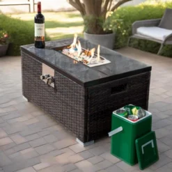 32" Propane Gas Fire Pit Table, 50000 BTU Rectangular Fire Pit, Tile Tabletop With Beautiful Wicker Base For Outside Patio Deck Garden Courtyard-Brown -House Furnish World GUEST 023322a2 d5da 4509 a985 e29ffb52fd24