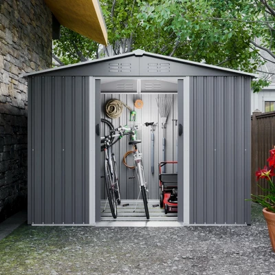 8x6 FT Outdoor Tool Storage Shed With Metal Foundation & Lockable Doors, All Weather Metal Sheds For Garden, Patio, Backyard, Lawn, Gray 8 8x6 FT Outdoor Tool Storage Shed With Metal Foundation & Lockable Doors, All Weather Metal Sheds For Garden, Patio, Backyard, Lawn, Gray - Image 8