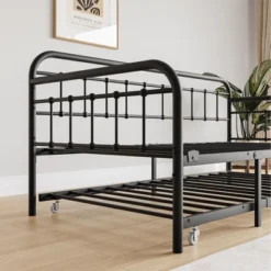 Twin Size Metal Daybed Frame With Trundle, Heavy Duty Steel Slat Support Sofa Bed Platform With Headboard, No Box Spring Needed, Black -House Furnish World GUEST 06b2c7a5 39a9 4f8e a96e 02d2276e1062