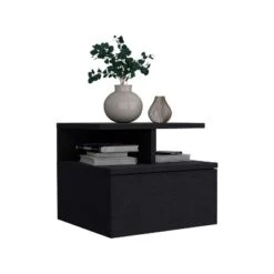 Floating Nightstand 12"H, Wall Mounted With Single Drawer And 2-Tier Shelf, Black