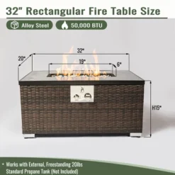 32" Propane Gas Fire Pit Table, 50000 BTU Rectangular Fire Pit, Tile Tabletop With Beautiful Wicker Base For Outside Patio Deck Garden Courtyard-Brown -House Furnish World GUEST 07f1d70c ffee 4d2e 8362 ba00ed7aa20f