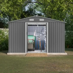 10X8 FT Outdoor Tool Storage Shed With Metal Foundation & Lockable Doors, All Weather Metal Sheds For Garden, Patio, Backyard, Lawn, Gray -House Furnish World GUEST 08119f7a 1e27 4f25 8d71 5fc2f0ef7c00
