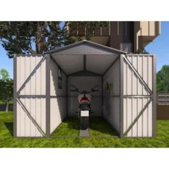 Motorcycle Outdoor Steel Storage Shed With Window ,tracks And Fixtures,Grey -House Furnish World GUEST 086ea5ca 8795 46bd 8222 0554515f2d54