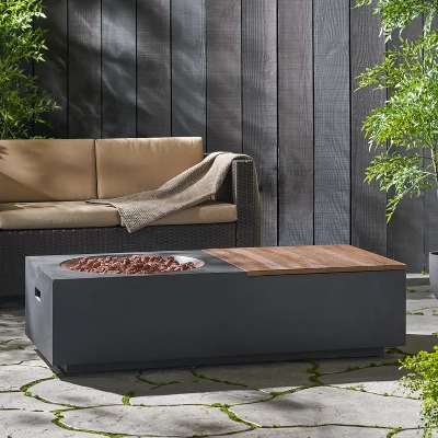 Outdoor 50,000 BTU Lightweight Concrete Rectangular Fire Pit Table With Storage, Dark Gray And Natural Brown (Tank Cover Not Included) 4 Outdoor 50,000 BTU Lightweight Concrete Rectangular Fire Pit Table With Storage, Dark Gray And Natural Brown (Tank Cover Not Included) - Image 4