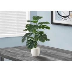 Artificial Plant, 24" Tall, Monstera, Indoor, Faux, Fake, Table, Greenery, Potted, Real Touch, Decorative, Green Leaves, White Pot