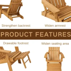 Outdoor Wooden Folding Adirondack Chair With Retractable Ottoman, Pre-Assembled BackRest & SeatBoard, Wood Patio Chair For Garden Backyard Porch Pool