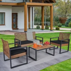 4-Piece Patio Furniture Set Outdoor Balcony Porch Garden Backyard Lawn Furniture Acacia Wood Table Top, Morden Black And Light Brown -House Furnish World GUEST 0ef76e81 812b 4733 b0d2 93dc3d8e715e
