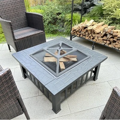 Fire Pit Table 32in Square Metal Firepit Stove Backyard Patio Garden Fireplace For Camping, Outdoor Heating, Bonfire And Picnic 2 Fire Pit Table 32in Square Metal Firepit Stove Backyard Patio Garden Fireplace For Camping, Outdoor Heating, Bonfire And Picnic - Image 2