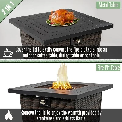 28" Propane Gas Fire Pit Table, 50000 BTU Square Steel Fire Pit With Beautiful Wicker Base For Outside Patio Deck Garden Backyard-Black 2 28" Propane Gas Fire Pit Table, 50000 BTU Square Steel Fire Pit With Beautiful Wicker Base For Outside Patio Deck Garden Backyard-Black - Image 2
