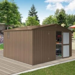 Backyard Storage Shed 11'x 9' With Galvanized Steel Frame & Windows, Outdoor Garden Shed,Utility Tool Storage Room With Lockable Door For Patio(Brown)