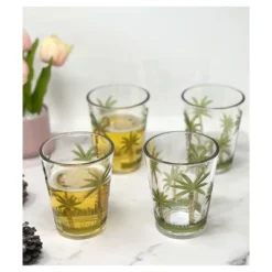 Palm Tree Design Acrylic Glasses Drinking Set Of 4 DOF (15oz), Plastic Drinking Glasses, BPA Free Cocktail Glasses, Drinkware Set