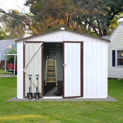 Metal Garden Sheds 8ftx10ft Outdoor Storage Sheds White+coffee -House Furnish World GUEST 17b23d84 2ef9 4110 9003 df757815cd62