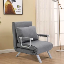 HOMCOM Single Person Folding 5 Position Convertible Sofa Bed Sleeper Chair Chaise Lounge Couch W/Pillow & Steel Frame For Home Office, Light Gray -House Furnish World GUEST 185d55d4 fecd 450b b410 27d3ab56a273