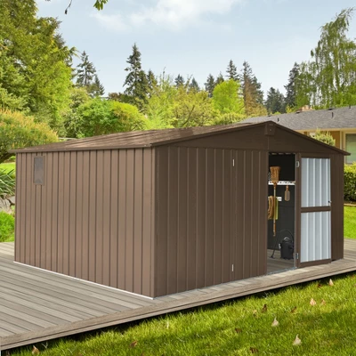 Backyard Storage Shed 11' X 12.5' With Galvanized Steel Frame & Windows, Outdoor Garden Shed Metal Storage Room With Lockable Door For Patio(Brown) 1 Backyard Storage Shed 11' X 12.5' With Galvanized Steel Frame & Windows, Outdoor Garden Shed Metal Storage Room With Lockable Door For Patio(Brown)