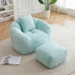 Giant Bean Bag Chair WithFootstool, Oversized Bean Bag For Adults And Kids, Polyester Shell-Shaped Large Chair With Filler, Stuffed Big Accent Sofa