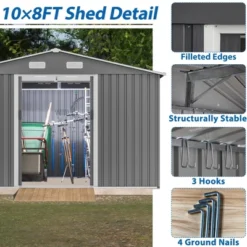 10X8 FT Outdoor Storage Shed, Metal Foundation & Lockable Doors, Tool Shed For Garden, Patio, Backyard, Lawn, Grey -House Furnish World GUEST 1cf1f5df 154e 4542 a4fb c693f91844d4