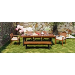 GO Outdoor Wood Dining Set For 7-8 Person, Outdoor Dining Furniture With Removable Cushions, Ergonomic Chairs And Bench, Thicker Table, Nature -House Furnish World GUEST 1e106473 f66c 41fa 8875 23089f5c7de2