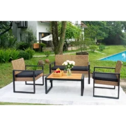 4-Piece Patio Furniture Set Outdoor Balcony Porch Garden Backyard Lawn Furniture Acacia Wood Table Top, Morden Black And Light Brown -House Furnish World GUEST 1e28f4f4 4c16 4bab 9251 951cf1714f76