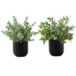 Artificial Plant, 11" Tall, Eucalyptus Grass, Indoor, Faux, Fake, Table, Greenery, Potted, Set Of 2, Decorative, Green Leaves, Black Pots