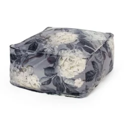Hazel Large Square Pouf, Flower Print On Gray
