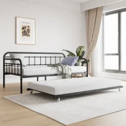 Twin Size Metal Daybed Frame With Trundle, Heavy Duty Steel Slat Support Sofa Bed Platform With Headboard, No Box Spring Needed, Black -House Furnish World GUEST 20efce11 982e 44d5 881f acc17408170c