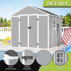 8*8ft Resin Storage Shed, High Quality Pp Material, Strong Structure, Waterproof, Rust And UV Proof, Large Storage Space, HD Window Lighting -House Furnish World GUEST 23263f0a 35d9 4dc6 af18 d29e0ffb4d4d
