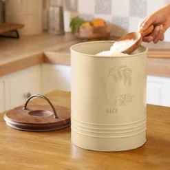 Metal Rice Storage Barrel With Wooden Lid - Sleek & Durable Kitchen Canister-8.6X8.6X11in -House Furnish World GUEST 2795862c 7b04 4671 91c5 dd2f1cde2d5c