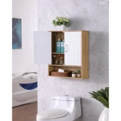 Bathroom Wall Cabinet With Double - Door, Bottom Shelf, Wavy - Patterned Doors, Adjustable Inner Shelf, Easy Installation, White & Natural Wood