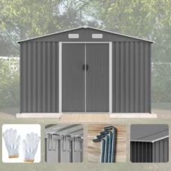 10X8 FT Outdoor Storage Shed, Metal Foundation & Lockable Doors, Tool Shed For Garden, Patio, Backyard, Lawn, Grey -House Furnish World GUEST 280d60ab 2ec5 47fc 8624 45170a8dce99