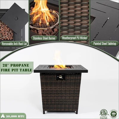 28" Propane Gas Fire Pit Table, 50000 BTU Square Steel Fire Pit With Beautiful Wicker Base For Outside Patio Deck Garden Backyard-Black 13 28" Propane Gas Fire Pit Table, 50000 BTU Square Steel Fire Pit With Beautiful Wicker Base For Outside Patio Deck Garden Backyard-Black - Image 13