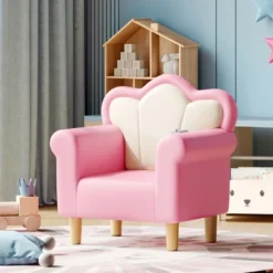 Polyester Kids Sofa, Princess Armchair For Children, Petal Shape Toddler Sofa Chair For Playroom, Children's Bedroom, Pink+White