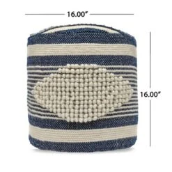 Diamond Handcrafted Fabric Cylindrical Pouf, White And Dark Blue -House Furnish World GUEST 2b750da2 bf53 45eb 9183 efe5b620bc78