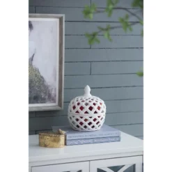 D8x9.5in White Ceramic Lidded Jar With Lattice Design -House Furnish World GUEST 32b108d4 78d5 4b40 aaba 7f9448b0028f