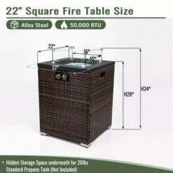 22" Propane Gas Fire Pit Table, 40000 BTU Square Steel Fire Pit With Beautiful Wicker Base For Outside Patio Deck Garden Backyard-Black -House Furnish World GUEST 32e490ac b699 446b baa7 9ed4d048ee49