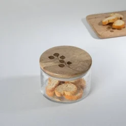 Leafy Twig Glass Jar/Container With Wooden Lid-700 Ml