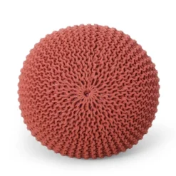 Bordeaux Knitted Cotton Round Pouf, Coral -House Furnish World GUEST 3417b950 489a 4ed9 bbc4 fa9e0e6b404c