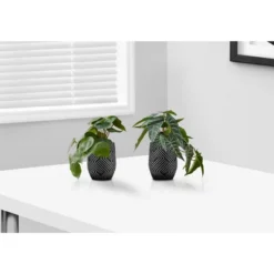 Artificial Plant, 8" Tall, Alocasia, Indoor, Faux, Fake, Table, Greenery, Potted, Set Of 2, Decorative, Green Leaves, Black Cement Pots