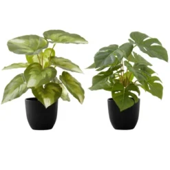 Artificial Plant, 13" Tall, Monstera Calthea, Indoor, Faux, Fake, Table, Greenery, Potted, Set Of 2, Decorative, Green Leaves, Black Pots