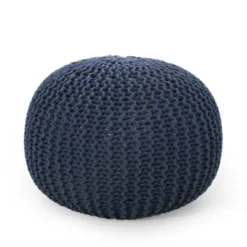 Bordeaux Knitted Cotton Round Pouf, Navy Blue