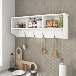 White Entryway Wall Mounted Coat Rack With 4 Dual Hooks Living Room Wooden Storage Shelf -House Furnish World GUEST 44f737aa 2db0 44f0 abbc 47c807e1d13a