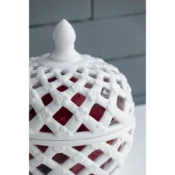 D8x9.5in White Ceramic Lidded Jar With Lattice Design -House Furnish World GUEST 488cef99 702c 4df0 8b5e a94df05baf5b