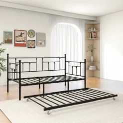 Twin Size Daybed Metal Frame With Trundle Set, Twin Day Bed Sofa, Daybed And Roll Sofa Bed For Guest Room, Bedroom, Living Room, Victorian Style -House Furnish World GUEST 489fc90f 8ce4 406e b086 f42e9695fffc