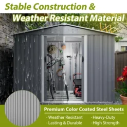 8x6 FT Outdoor Tool Storage Shed With Metal Foundation & Lockable Doors, All Weather Metal Sheds For Garden, Patio, Backyard, Lawn, Gray 13 8x6 FT Outdoor Tool Storage Shed With Metal Foundation & Lockable Doors, All Weather Metal Sheds For Garden, Patio, Backyard, Lawn, Gray -House Furnish World GUEST 491a3626 6319 49a3 884f df443ccfaf5c