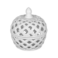 D8x9.5in White Ceramic Lidded Jar With Lattice Design -House Furnish World GUEST 4e04817b 8060 4151 9b48 a538e1d8cb91