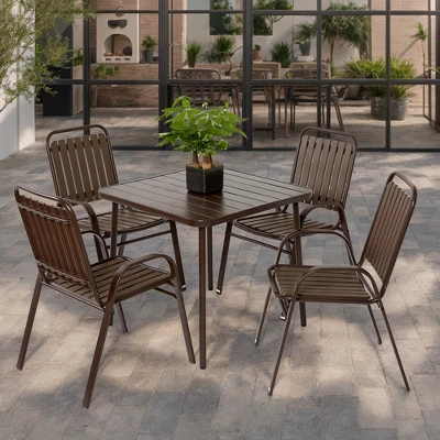 5-Piece Plastic Chair And Steel Table Outdoor Dining Set, Plastic Chairs And Table Set For Garden Patio, Brown 2 5-Piece Plastic Chair And Steel Table Outdoor Dining Set, Plastic Chairs And Table Set For Garden Patio, Brown - Image 2