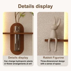 Adjustable 3-Color LED Sandstone Wall Decor With Simulated Green Plants,3D Art Sculpture, Glass Vase & Rabbit Statue, Remote Control Light Strips -House Furnish World GUEST 533c9c14 1d64 46e7 b1f0 84c90f6f7005