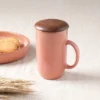 13.5 OZ Ceramic Peach Coffee Mug With Wooden Lid ¨C Elegant & Functional Drinkware