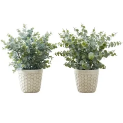 Artificial Plant, 13" Tall, Eucalyptus Grass, Indoor, Faux, Fake, Table, Greenery, Potted, Set Of 2, Decorative, Green Leaves, White Pots